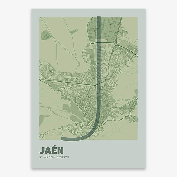 Poster of Jaen composed with letters in extra light font printed on two green tones