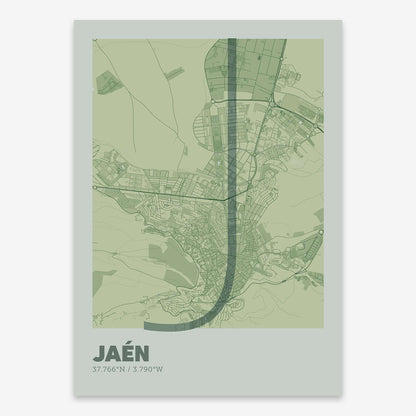 The map of Jaen composed with letters in extra light font printed on two green tones