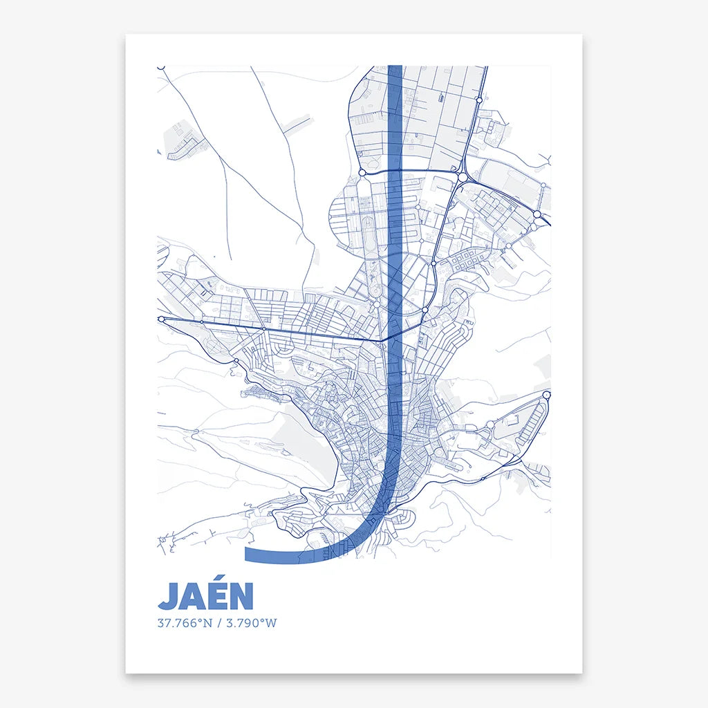 Poster of Jaen composed with letters in extra light font printed on navy blue and white