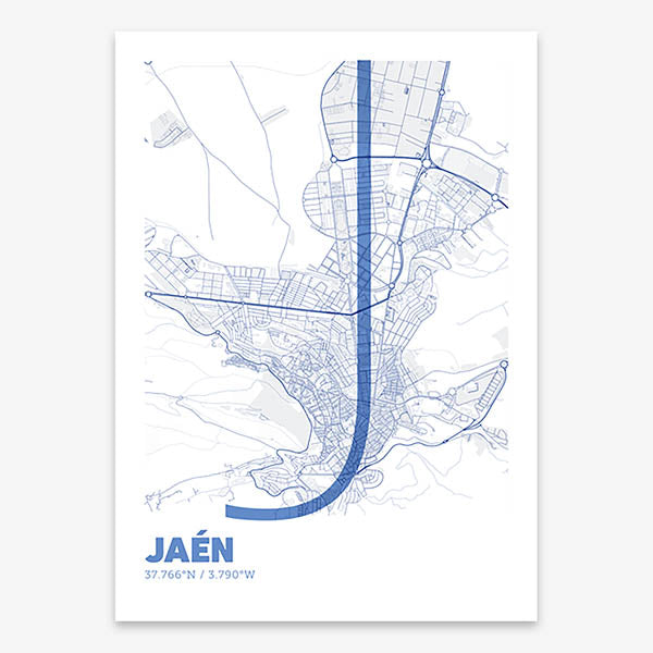 Poster of Jaen composed with letters in extra light font printed on navy blue and white