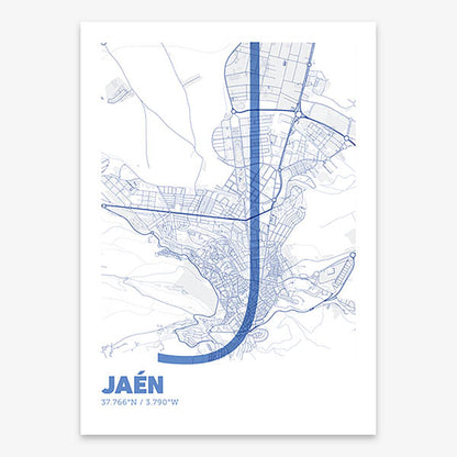 Poster of Jaen composed with letters in extra light font printed on navy blue and white
