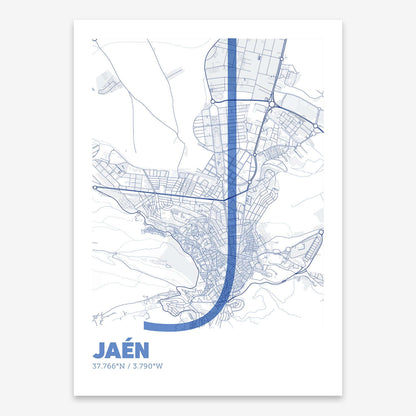 The map of Jaen composed with letters in extra light font printed on navy blue and white