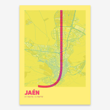 The map of Jaen composed with letters in extra light font printed on yellow and fuchsia