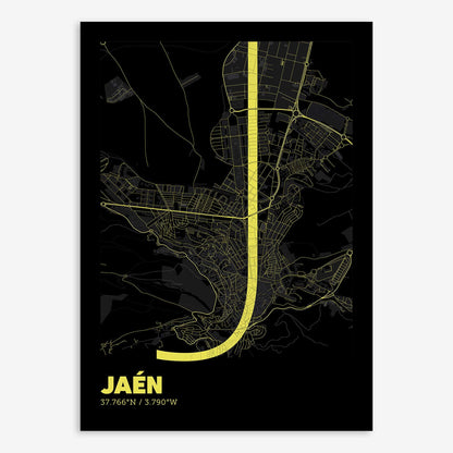 The map of Jaen composed with letters in extra light font printed on black and yellow