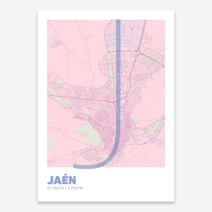 The map of Jaen composed with letters in extra light font printed on pink and light blue