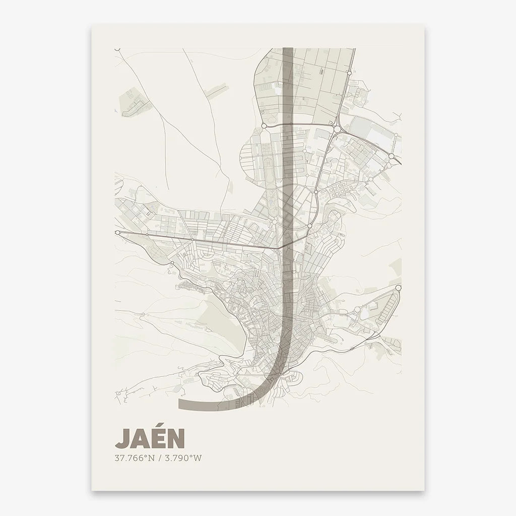 Poster of Jaen composed with letters in extra light font printed on light brown and an off-white background