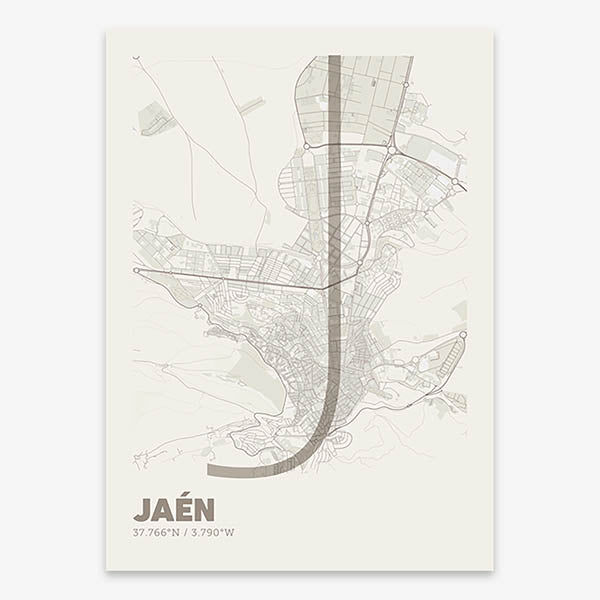 Poster of Jaen composed with letters in extra light font printed on light brown and an off-white background