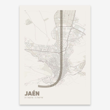 The map of Jaen composed with letters in extra light font printed on light brown and an off-white background
