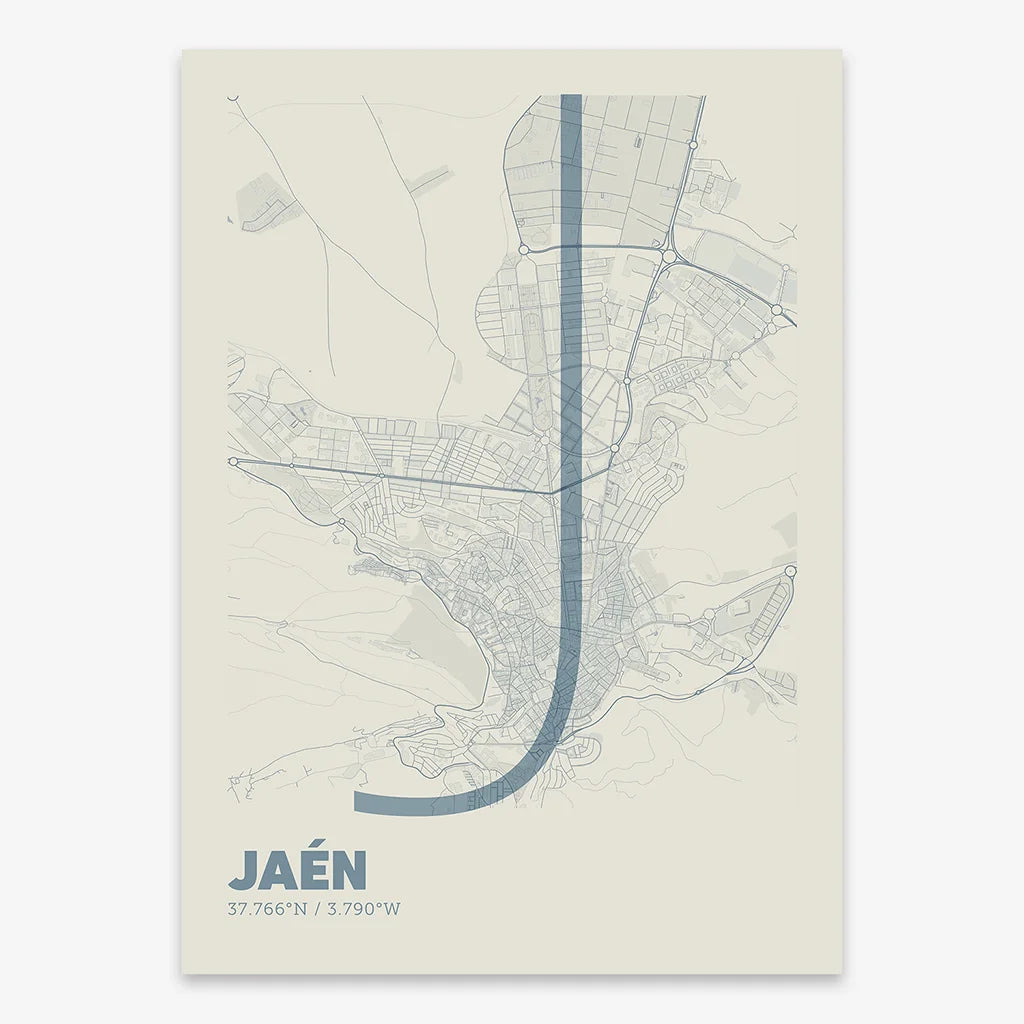 Poster of Jaen composed with letters in extra light font printed on bluish gray and an off-white background