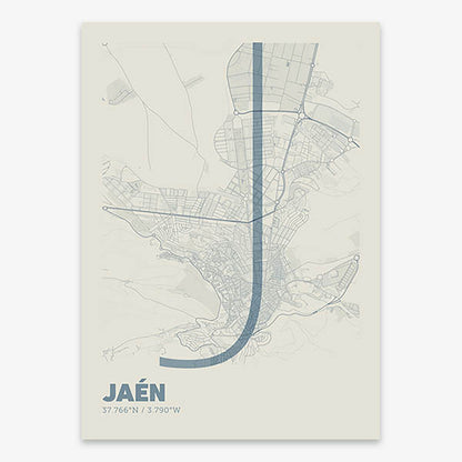 Poster of Jaen composed with letters in extra light font printed on bluish gray and an off-white background