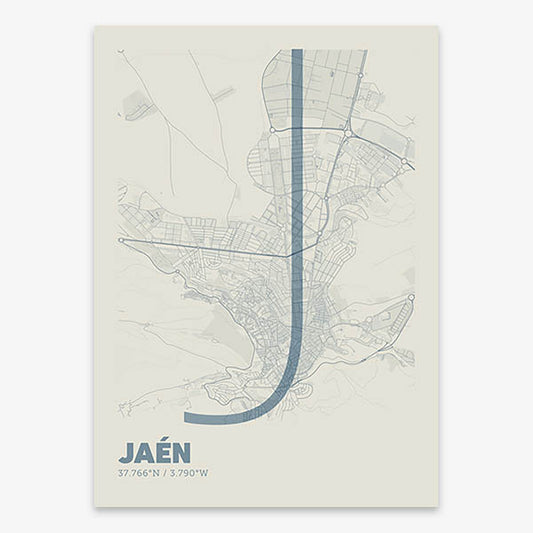 Poster of Jaen composed with letters in extra light font printed on bluish gray and an off-white background