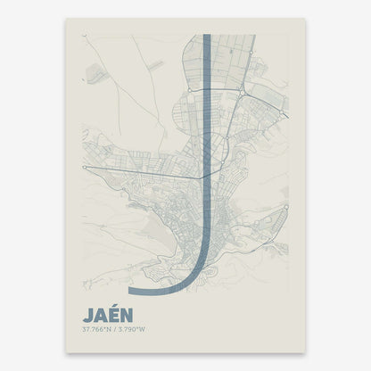 The map of Jaen composed with letters in extra light font printed on bluish gray and an off-white background