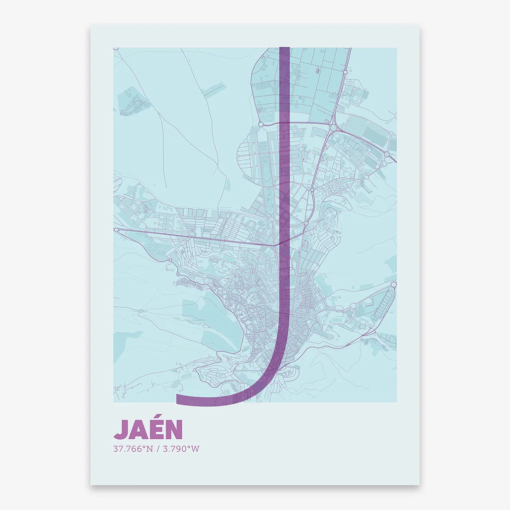 Poster of Jaen composed with letters in extra light font printed on purple and light blue
