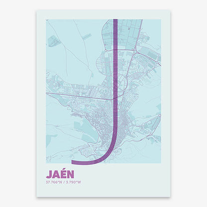 Poster of Jaen composed with letters in extra light font printed on purple and light blue