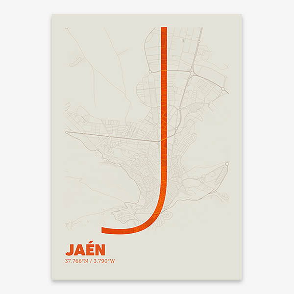 Poster of Jaen composed with letters in extra light font printed on orange and an off-white background