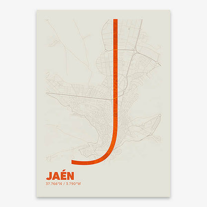 Poster of Jaen composed with letters in extra light font printed on orange and an off-white background