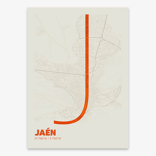 Poster of Jaen composed with letters in extra light font printed on orange and an off-white background