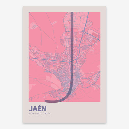 The map of Jaen composed with letters in extra light font printed on violet y pink background