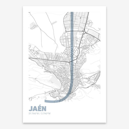 The map of Jaen composed with letters in extra light font printed on black and white