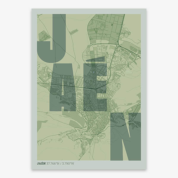 Decorative print of Jaen with letters of its name placed randomly, designed in two green tones