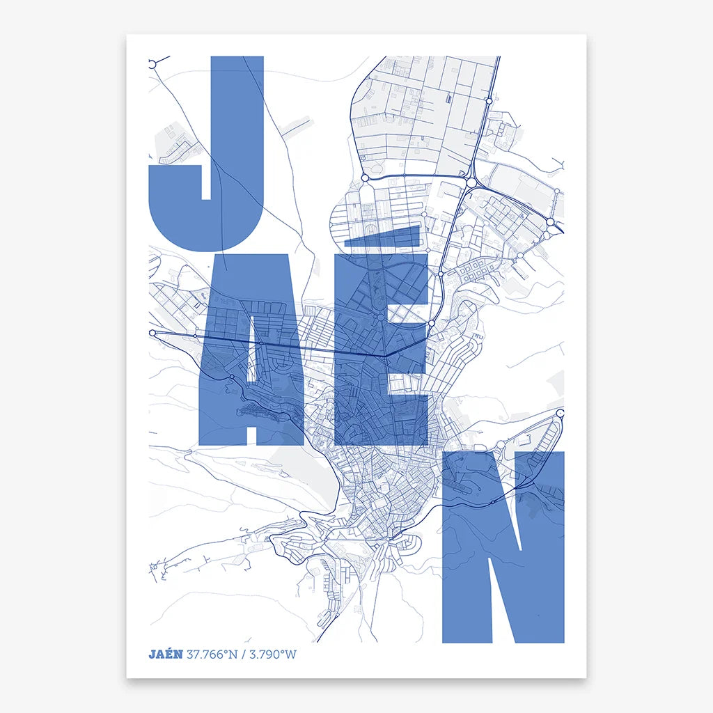 Decorative print of Jaen with letters of its name placed randomly, designed in navy blue and white
