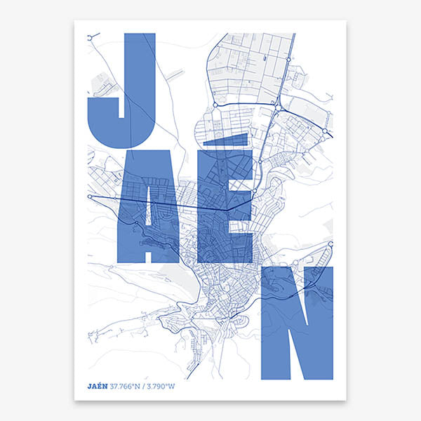 Decorative print of Jaen with letters of its name placed randomly, designed in navy blue and white