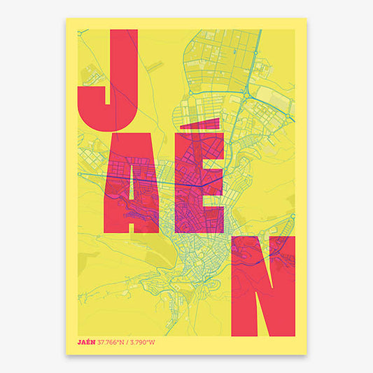Decorative print of Jaen with letters of its name placed randomly, designed in yellow and fuchsia