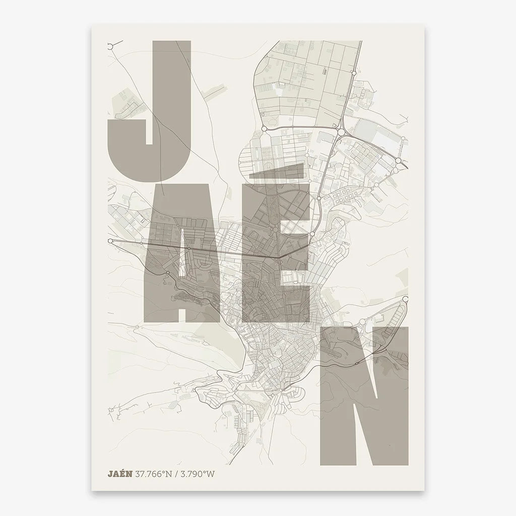 Decorative print of Jaen with letters of its name placed randomly, designed in light brown and an off-white background