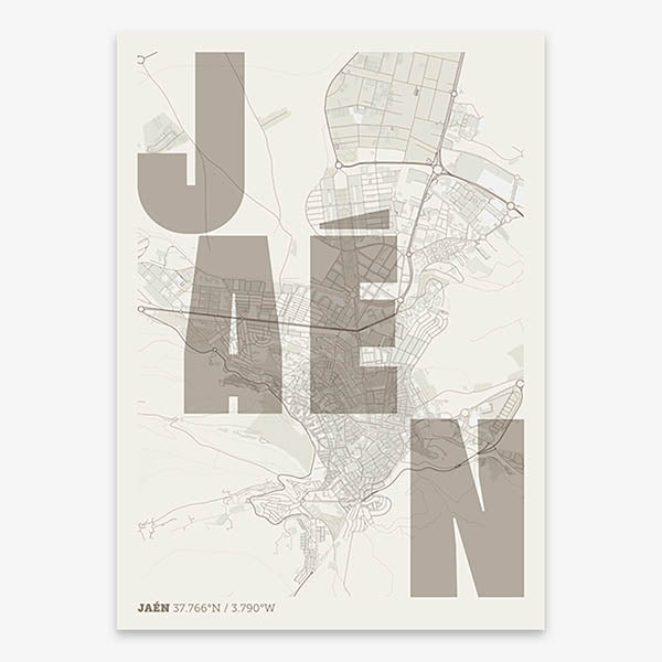 Decorative print of Jaen with letters of its name placed randomly, designed in light brown and an off-white background
