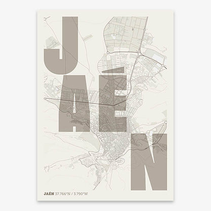 Decorative print of Jaen with letters of its name placed randomly, designed in light brown and an off-white background