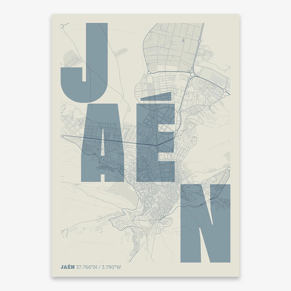 Decorative print of Jaen with letters of its name placed randomly, designed in bluish gray and an off-white background