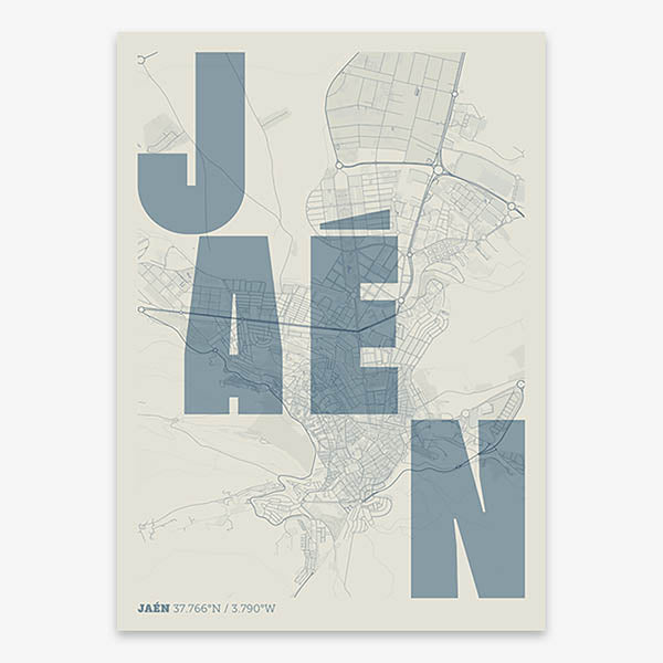 Decorative print of Jaen with letters of its name placed randomly, designed in bluish gray and an off-white background