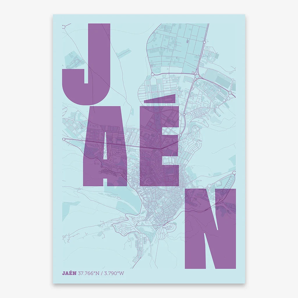 Decorative print of Jaen with letters of its name placed randomly, designed in purple and light blue