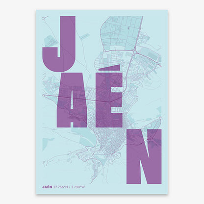 Decorative print of Jaen with letters of its name placed randomly, designed in purple and light blue