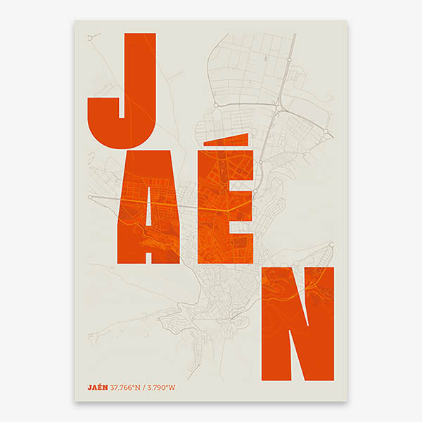 Decorative print of Jaen with letters of its name placed randomly, designed in orange and an off-white background
