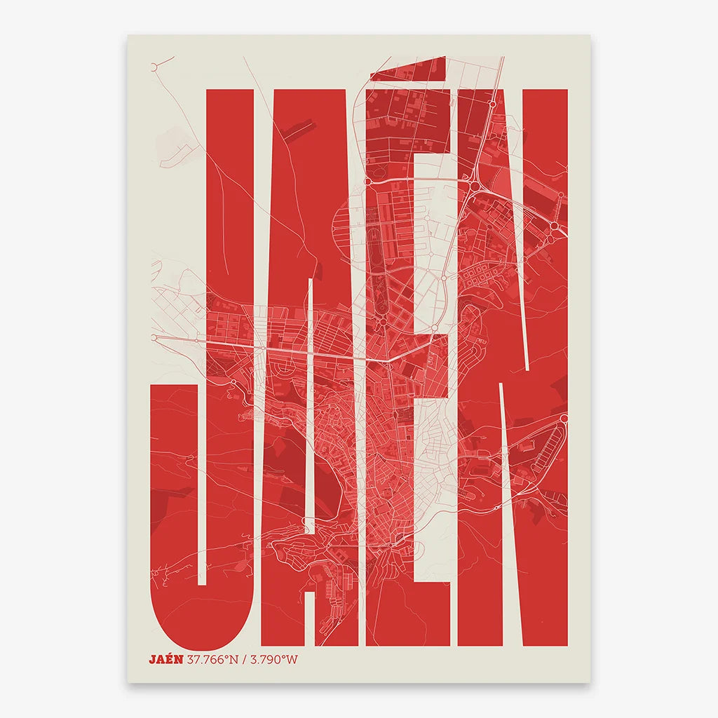 Decorative map of Jaen and letters of its name in a giclée print designed in red and an off-white background