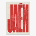 Decorative map of Jaen and letters of its name in a giclée print designed in red and an off-white background