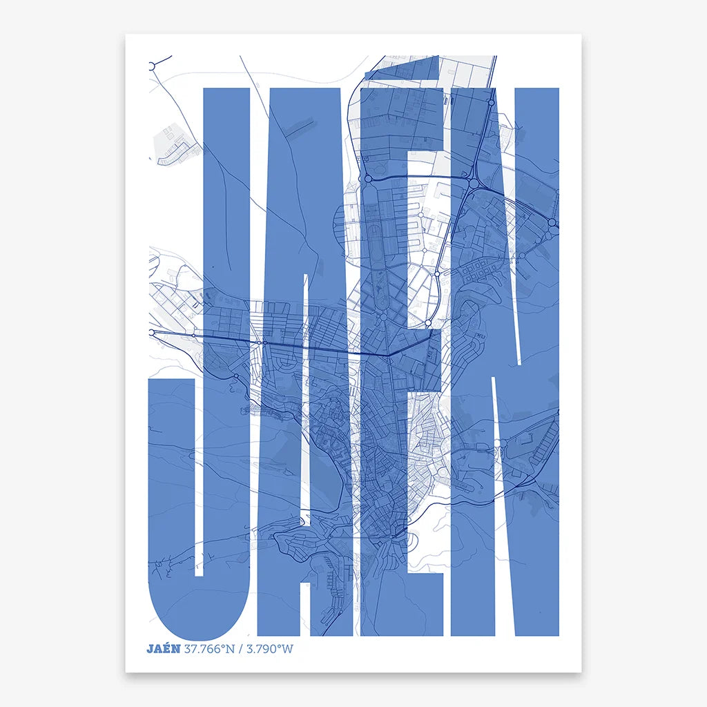 Decorative map of Jaen and letters of its name in a giclée print designed in navy blue and white
