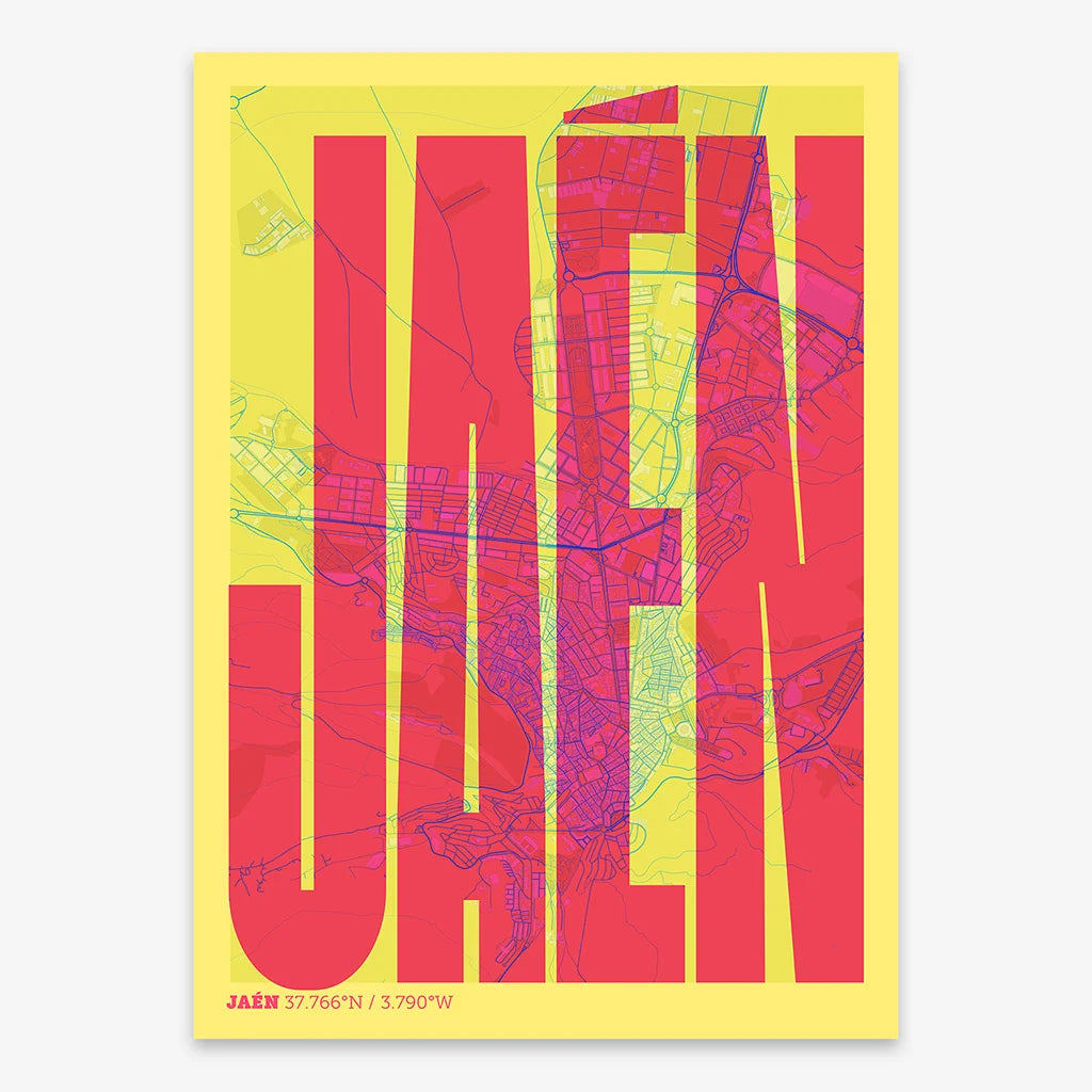 Decorative map of Jaen and letters of its name in a giclée print designed in yellow and fuchsia
