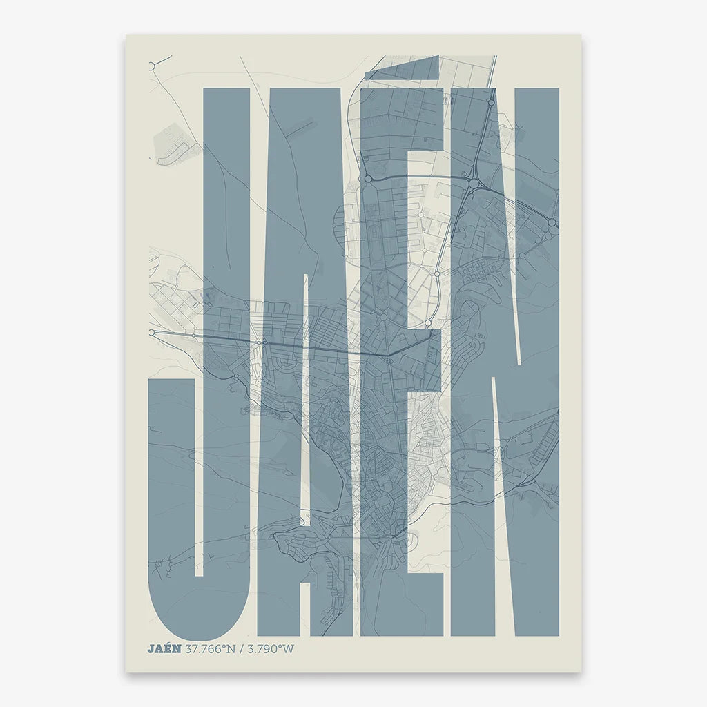 Decorative map of Jaen and letters of its name in a giclée print designed in bluish gray and an off-white background