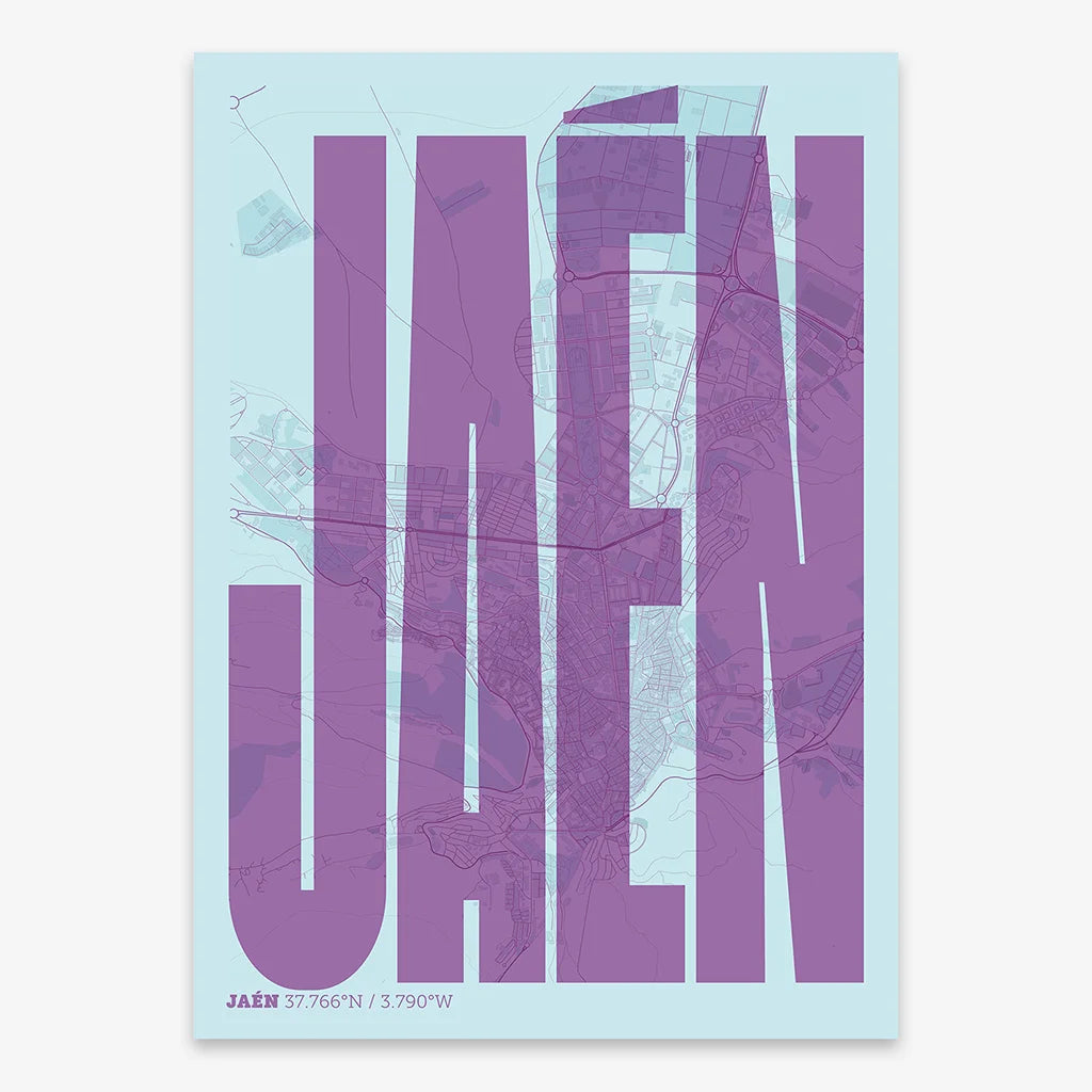 Decorative map of Jaen and letters of its name in a giclée print designed in purple and light blue