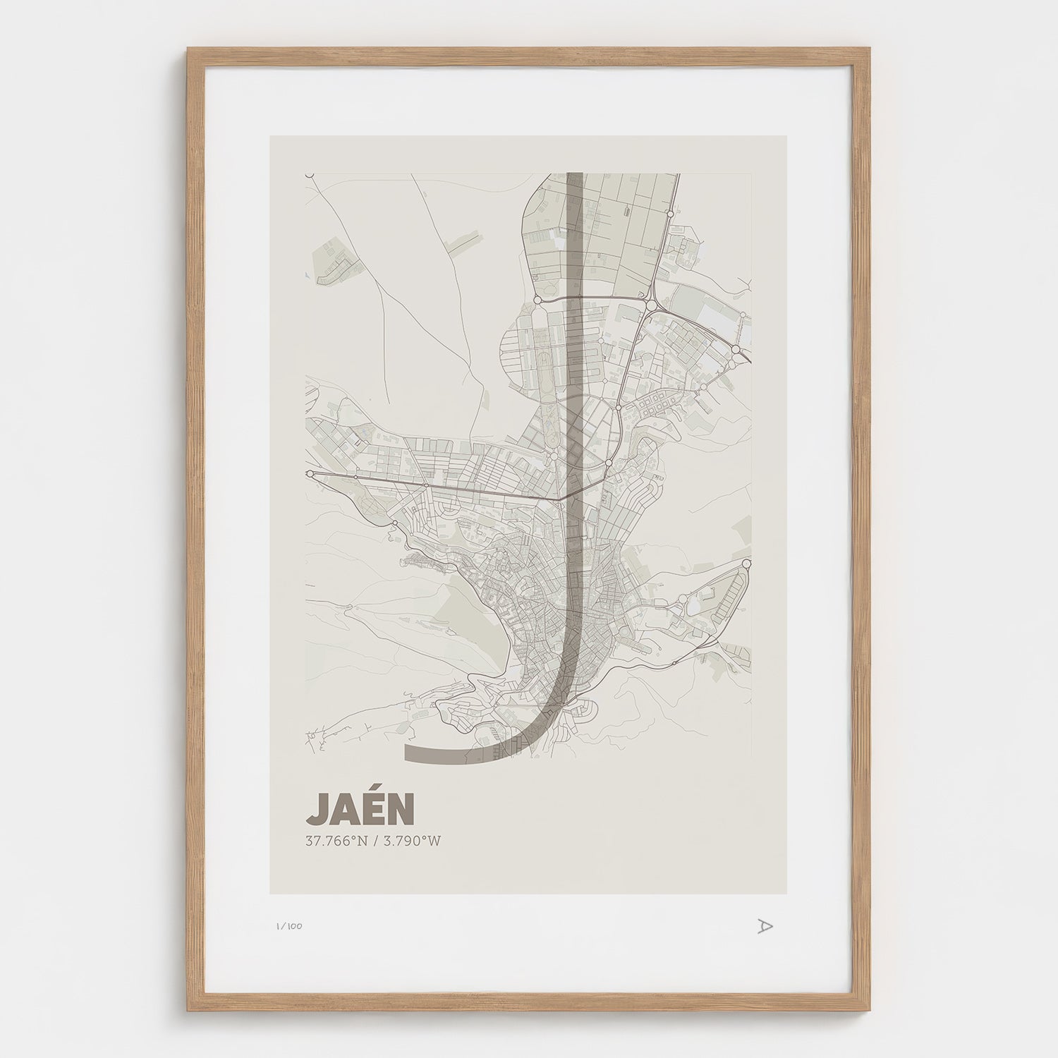 Lámina tipográfica de Jaen – diseño Ultrafina, marco de madera natural