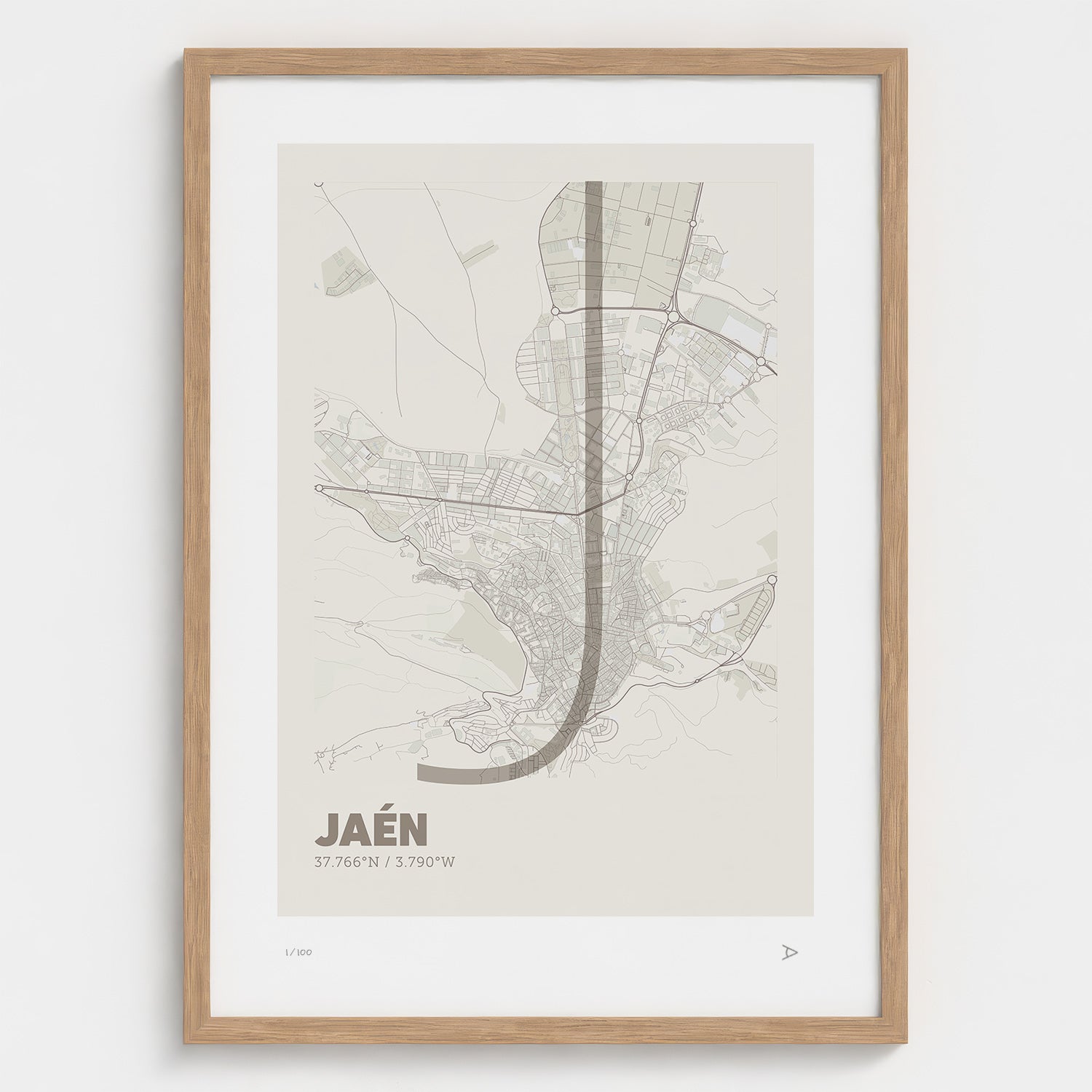 Lámina tipográfica de Jaen – diseño Ultrafina, marco de madera natural