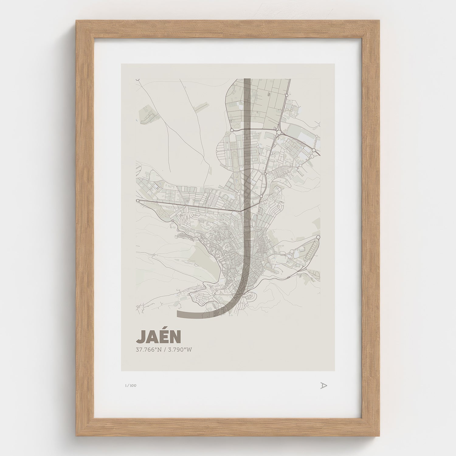 Lámina tipográfica de Jaen – diseño Ultrafina, marco de madera natural