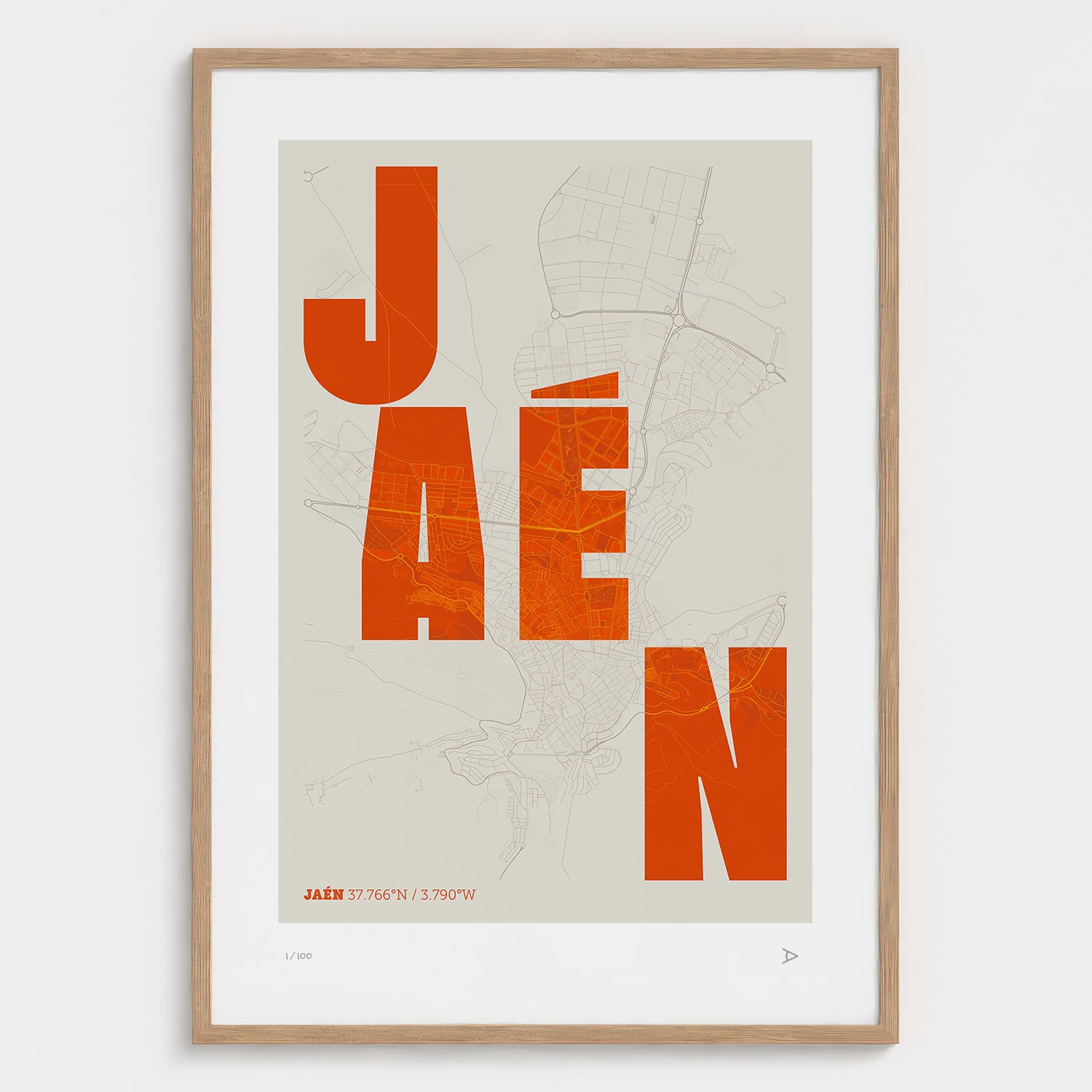Lámina tipográfica de Jaen – diseño Revoltosa, marco de madera natural