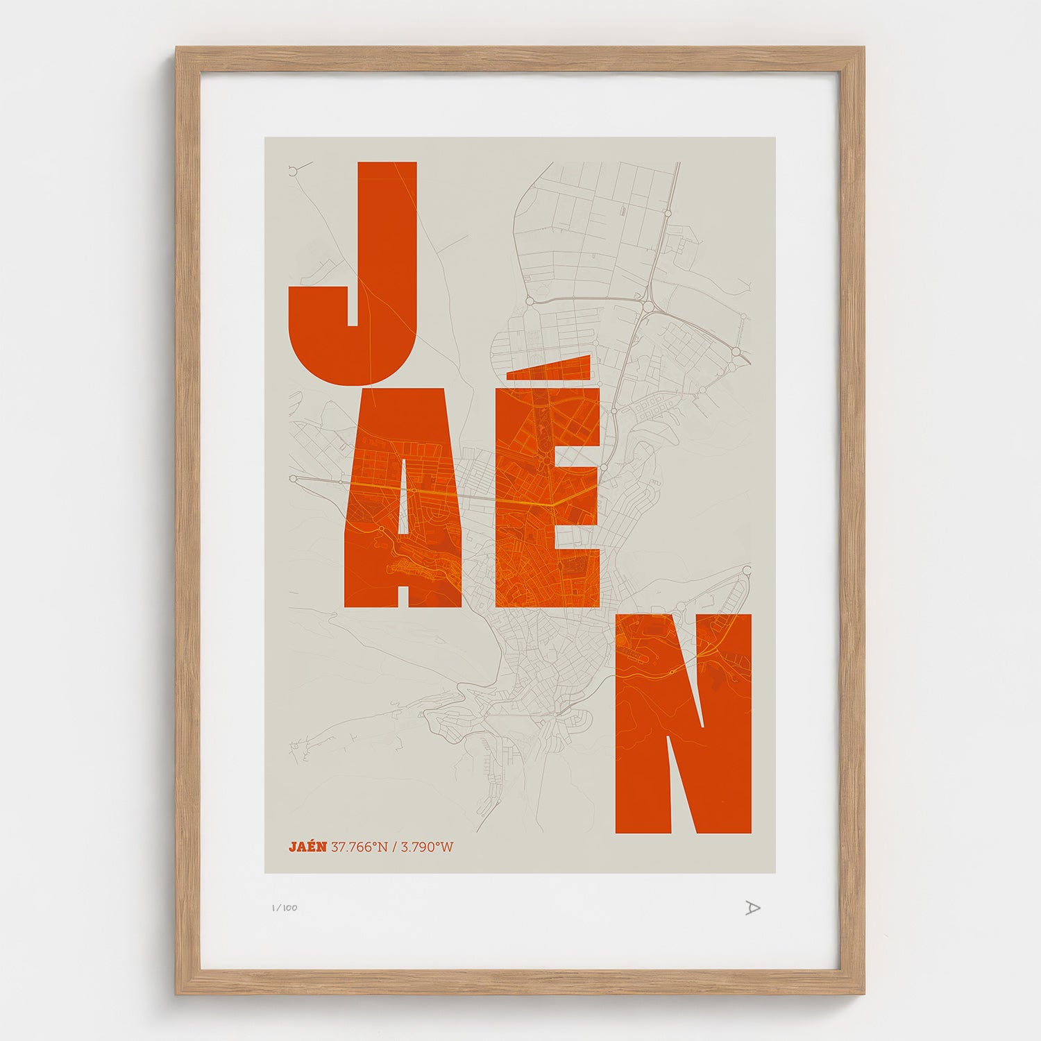 Lámina tipográfica de Jaen – diseño Revoltosa, marco de madera natural