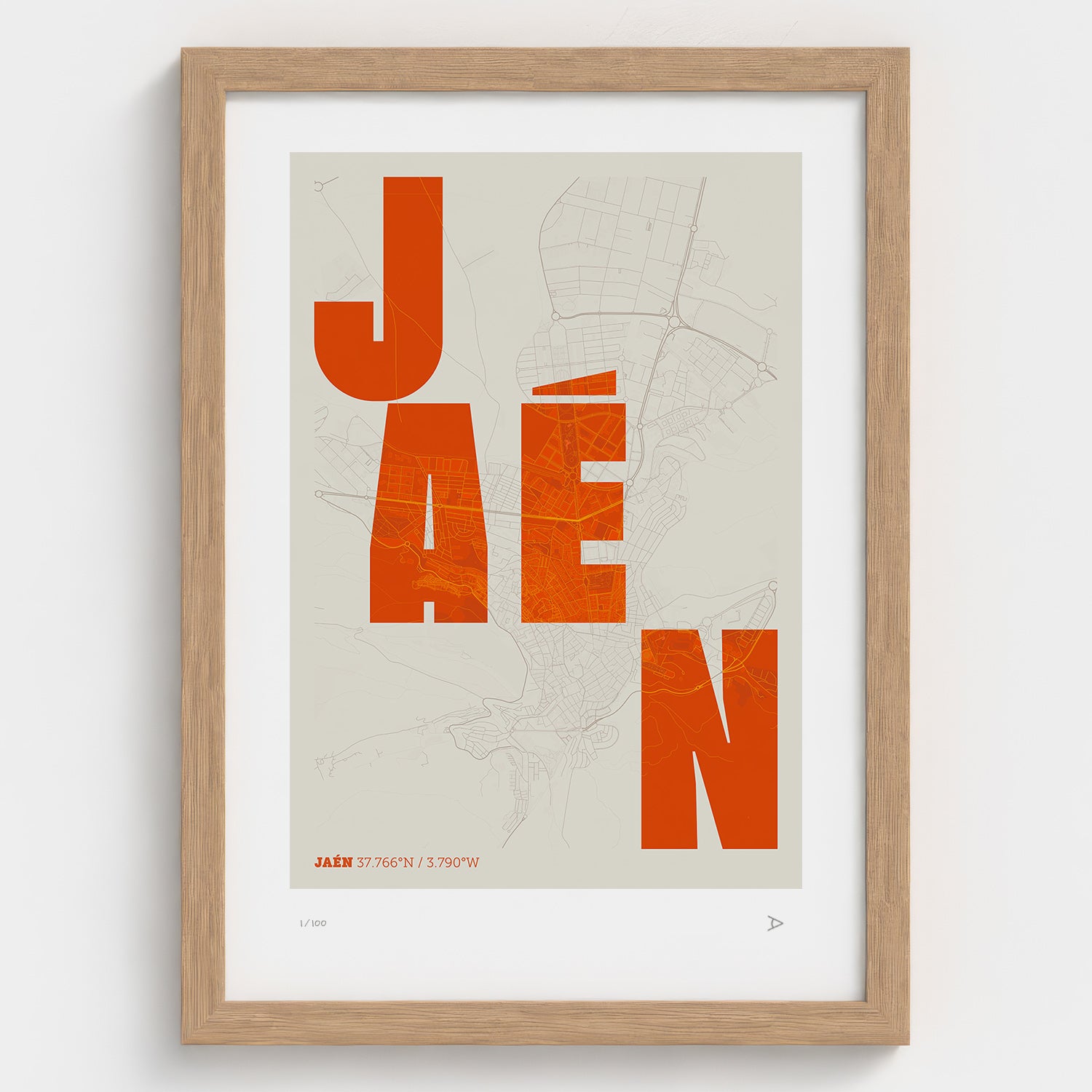 Lámina tipográfica de Jaen – diseño Revoltosa, marco de madera natural