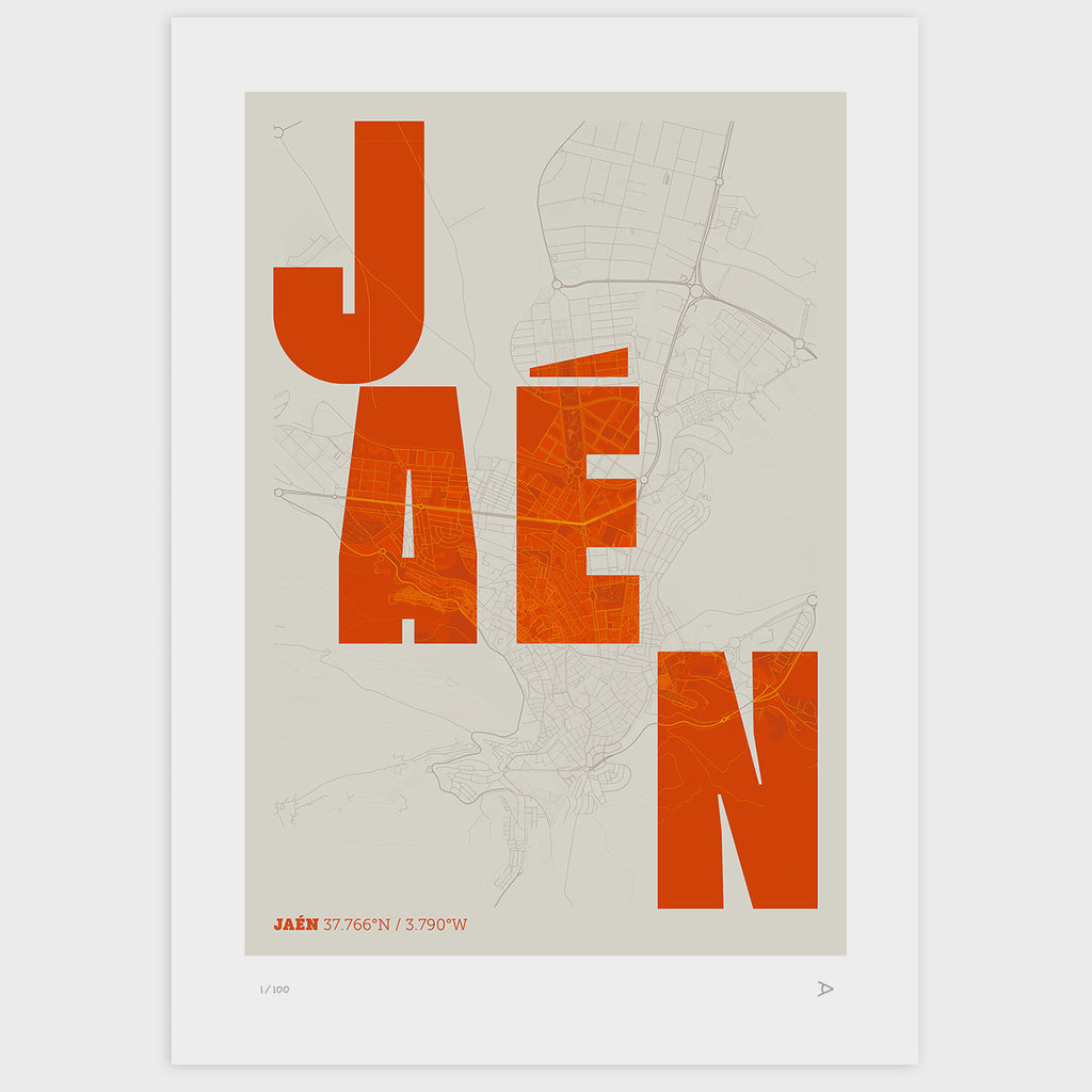 Lámina tipográfica de Jaen – diseño Revoltosa, sin marco sobre papel