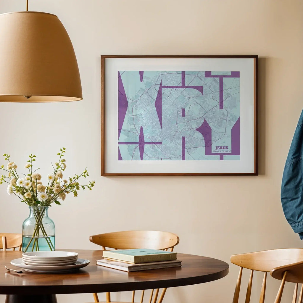 Modern interior design with a Jerez in Unruled design, where the city name letters appear randomly across different lines for a truly original urban layout designed in purple and light blue, displayed on a living room wall