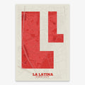 Decorative print of Madrid composed with letters in a heavy geometric font printed on red and an off-white background